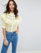 Asos Short Sleeved Blouse With Ruffle And Lace Insert - Yellow