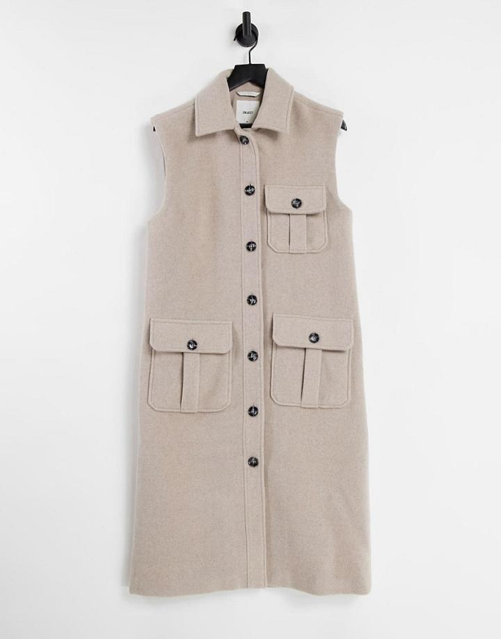 Object Wool Mix Sleevless Vest Shacket In Beige-neutral