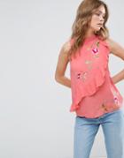 Asos Sleeveless Top With Asymmetric Ruffle And Embroidery - Pink