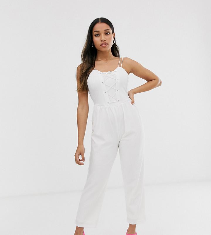 Asos Design Petite Lace Up Square Neck Rib Texture Jumpsuit - Cream
