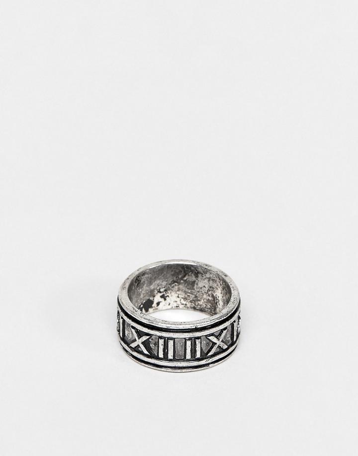 Asos Design Band Ring With Roman Numerals In Burnished Silver Tone