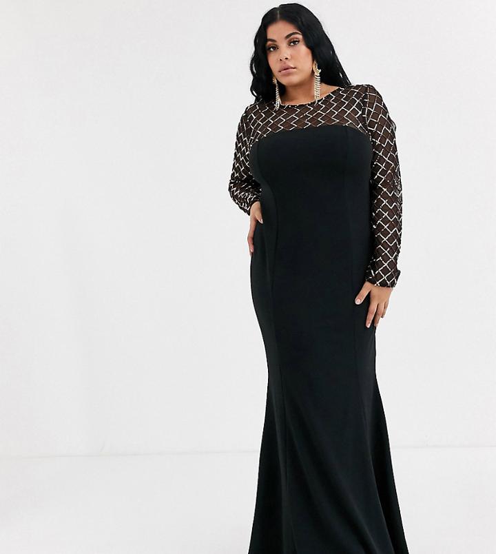 Goddiva Plus Lattice Sequin Maxi Dress In Black