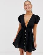 Influence Tie Waist Plunge Mini Dress With Puff Sleeve-black