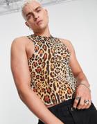 Asos Design Skinny Tank Top In Leopard Print Mesh With Cut Out In Polyester - Black