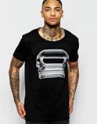 Asos Longline T-shirt With Stretched Skull Print And Scoop Neck In Raw - Black