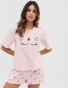 Asos Design Unicorn Heart Pyjama Short Set-pink