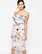 Bardot Bandeau Frill Pencil Dress In Floral Check Print - Multi