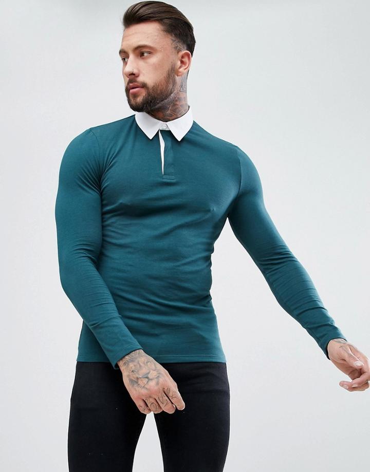 Asos Design Muscle Rugby Polo Shirt With Long Sleeve In Green - Green