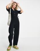 Topshop Textured Button Through Drawstring Jumpsuit In Black