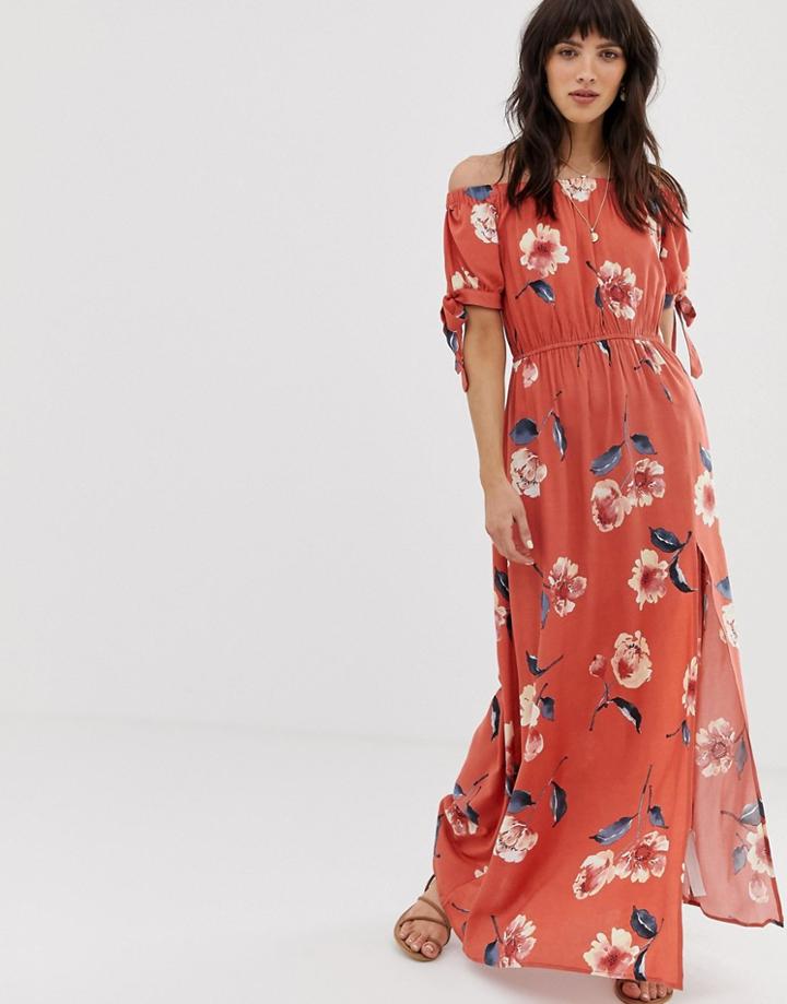 Band Of Gypsies Off Shoulder Maxi Dress With Tie Sleeves In Red Floral Print - Red