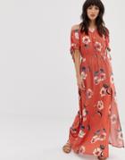 Band Of Gypsies Off Shoulder Maxi Dress With Tie Sleeves In Red Floral Print - Red