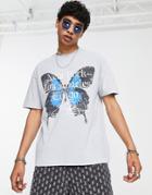 Good For Nothing Oversized T-shirt In Light Gray Acid Wash With City And Butterfly Print