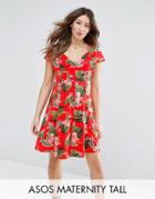 Asos Maternity Tall Button Through Tea Dress In Tropical Print - Multi