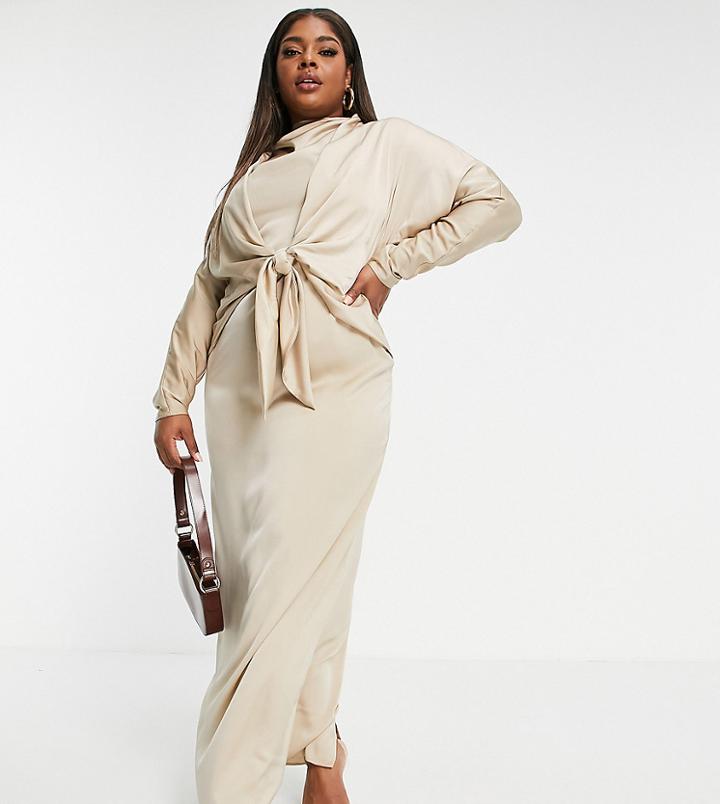Asos Design Curve Batwing Maxi Dress With Tie Front Detail-grey
