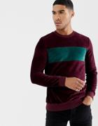 Asos Design Muscle Sweatshirt With Velour Color Blocking In Burgundy - Red