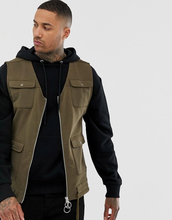 Asos Design Jersey Utility Vest With Pockets In Brown - Brown