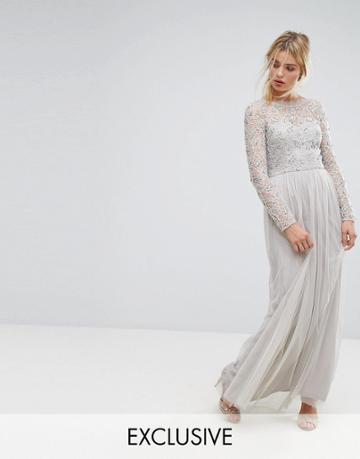 Amelia Rose Embellished Lace Maxi Dress - Gray