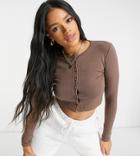 Missguided Long Sleeve Crop Top With Buttons In Brown