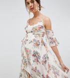 Asos Design Maternity Floral Cold Shoulder Flutter Sleeve Maxi Dress - Multi