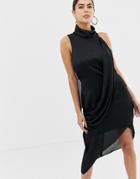 Asos Design High Neck Crossover Drape Midi Dress-black