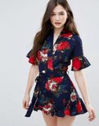 Parisian Floral Wrap Front Romper With Ruffle Hem - Navy