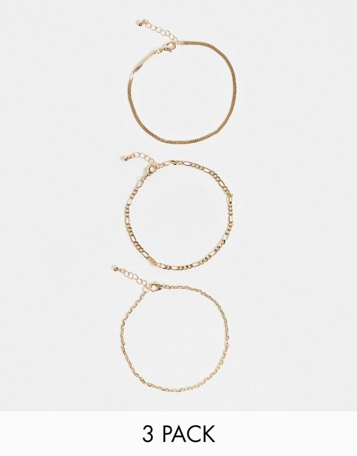 Asos Design Pack Of 3 Chain Anklets In Gold Tone