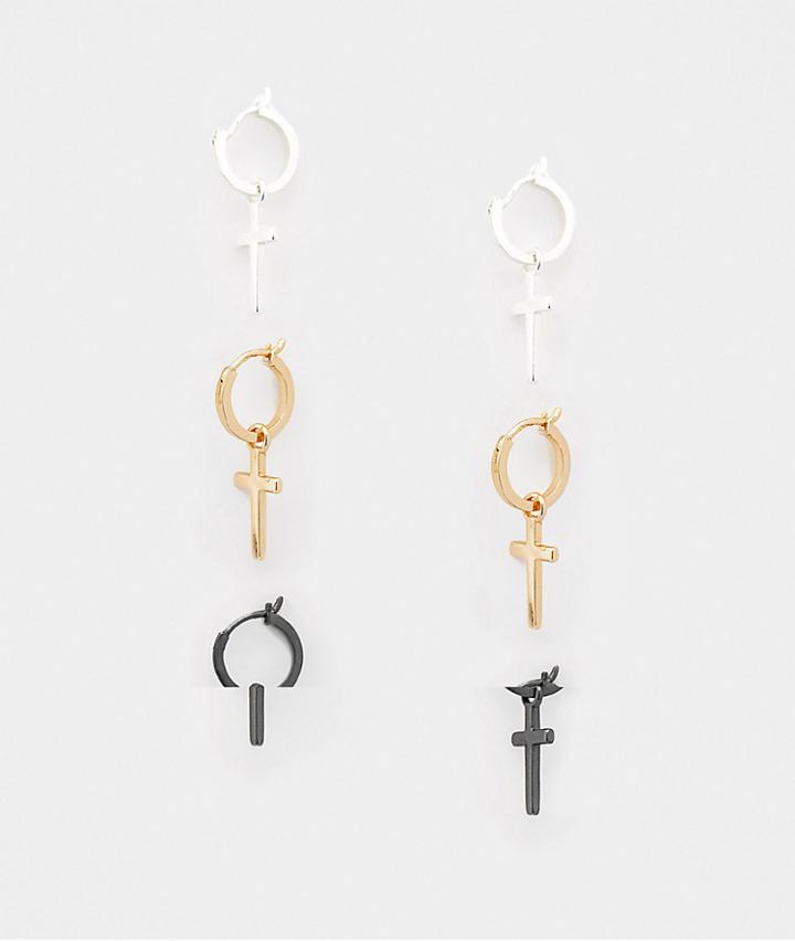 Asos Design 3 Pack Hoop Earrings Set In Silver Gold And Black Tones-multi