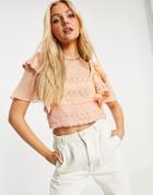 Hope & Ivy Broderie Frill Sleeve Crop Top In Peach-orange