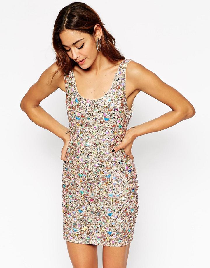 Asos Premium Iridescent Jewel Cluster Bodycon Dress - Pink