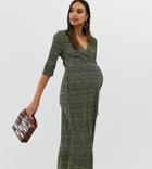 Asos Design Maternity Midi Plisse Tea Dress With Open Back In Blurred Polka Dot - Multi