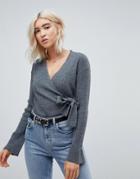 Asos Wrap Sweater In Rib - Gray
