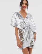Asos Design Sheet Sequin Mini Dress With Asymetric Kimono Sleeve - Multi