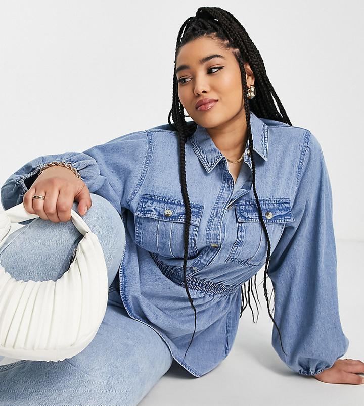 River Island Plus Chambray Utility Shirt In Blue