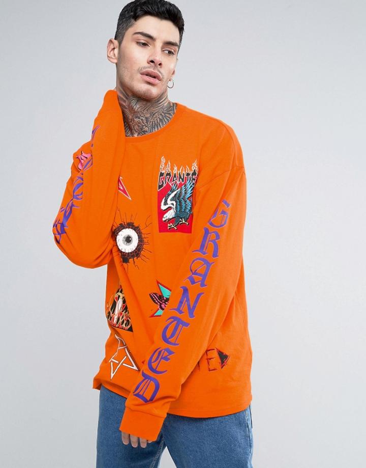 Granted Super Long Sleeve Tee With Badge Prints - Orange