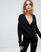 Asos Design Drape Cowl Long Sleeve Top With Side Button Detail-black