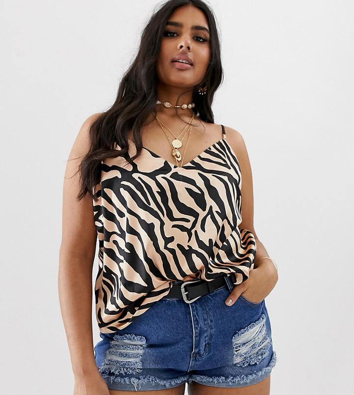 Asos Design Curve Satin Cami In Zebra Animal Print - Multi