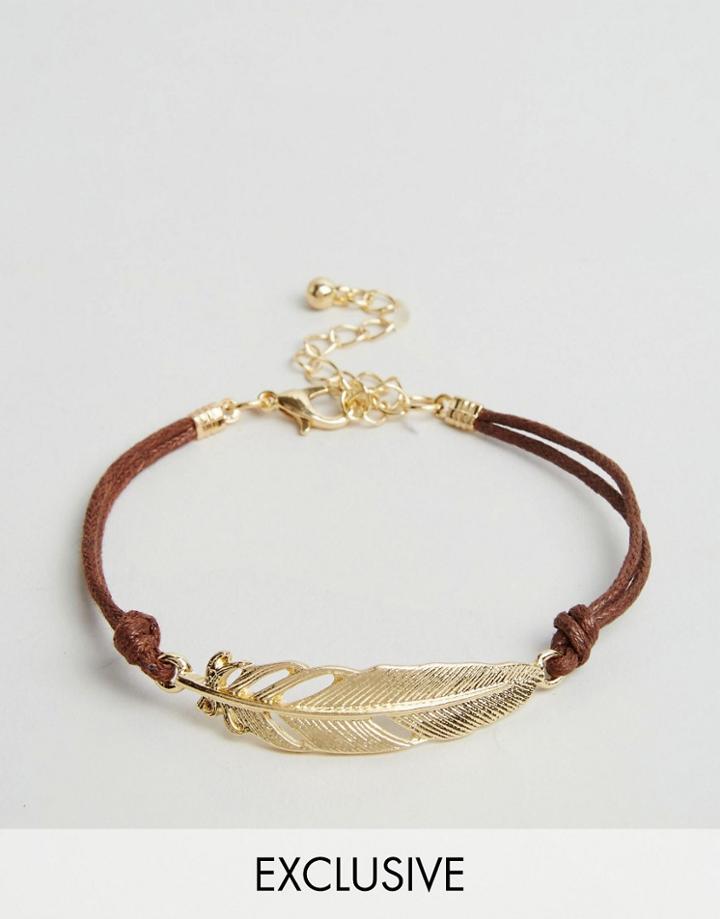 Reclaimed Vintage Feather String Bracelet In Gold - Gold