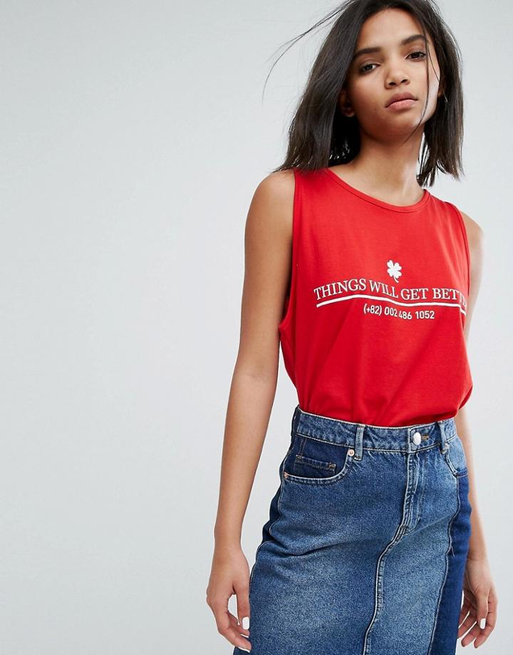 Stylenanda Oversized Tank Top With Things Will Get Better Print - Red