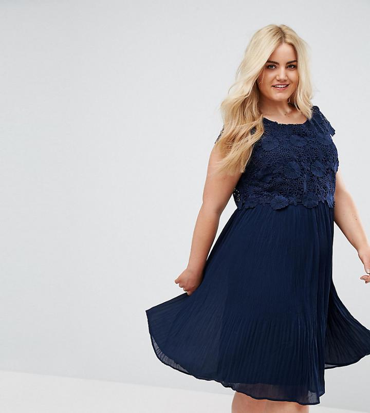 Lovedrobe Crochet Overlay Pleated Dress-navy