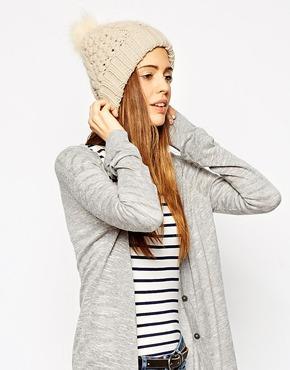 Asos Cable Beanie With Faux Fur Pom - Cream