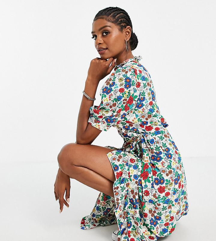 Topshop Tall Printed Floral Midi Wrap Dress In Multi
