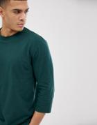 Asos Design Relaxed 3/4 Sleeve T-shirt With Crew Neck In Green - Green