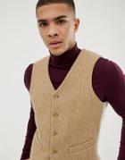 Asos Design Slim Suit Vest In 100% Wool Harris Tweed In Camel - Beige