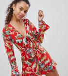 Parisian Petite Tropical Print Romper With Tie Front - Red