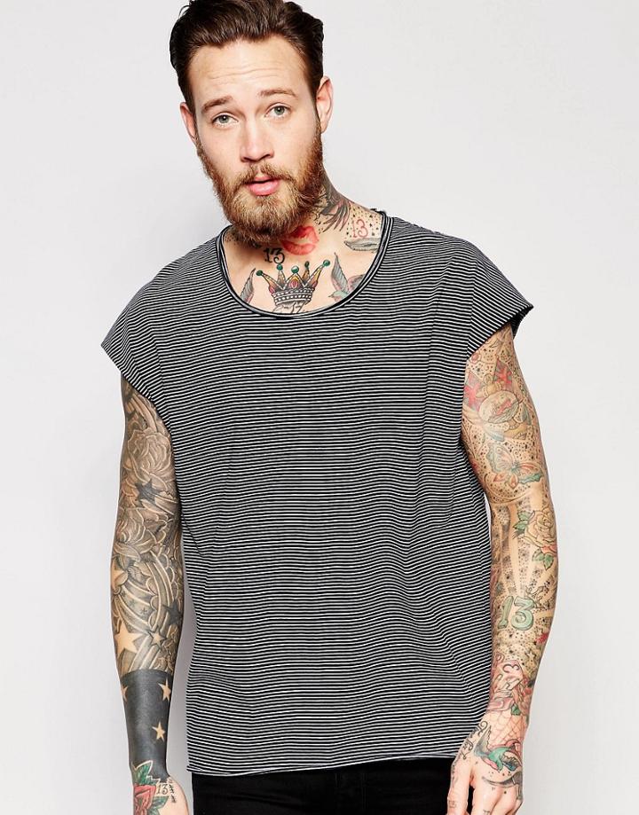 Asos Oversized Sleeveless Stripe T-shirt With Raw Edge