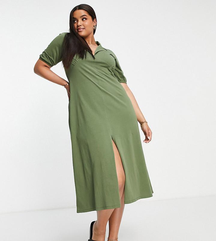 Asos Design Curve Ultimate Midi Tea Dress In Khaki-green