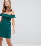 Fashion Union Petite Off Shoudler Dress With Shirring - Green