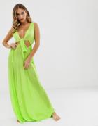 Asos Design Neon Green Slinky Beach Maxi Dress With Knotted Waist
