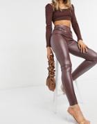 Asos Design Leather Look Legging With Pintuck In Brown