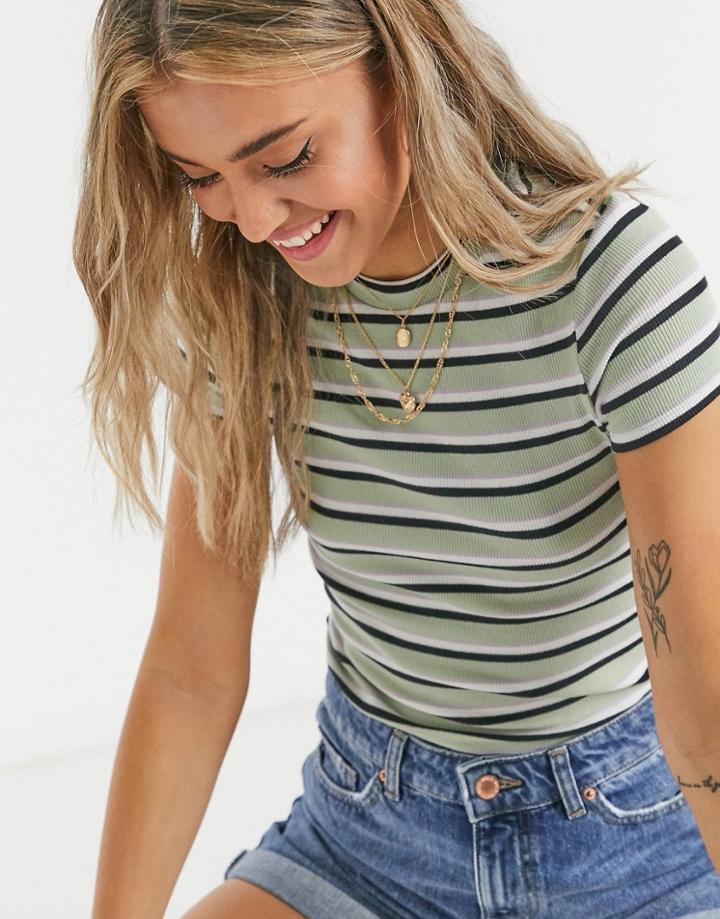 Monki Magdalena Organic Cotton Stripe T-shirt In Green
